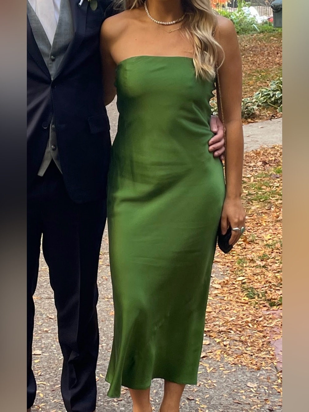 100% Silk Original Reformation Emerald Strapless Satin Midi Dress